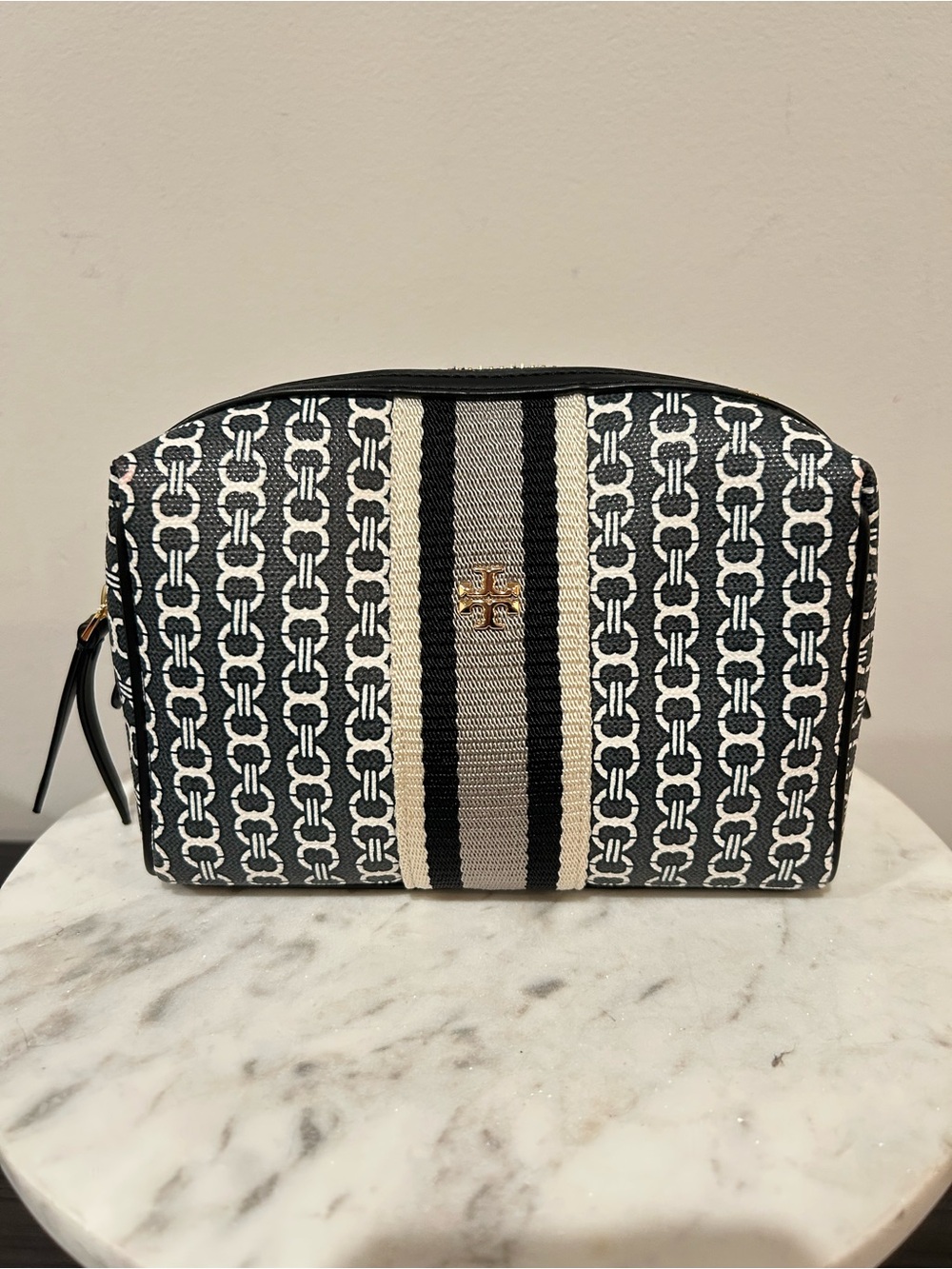 Tory Burch Black & Cream Logo Stripe Cosmetic Pouch EUC